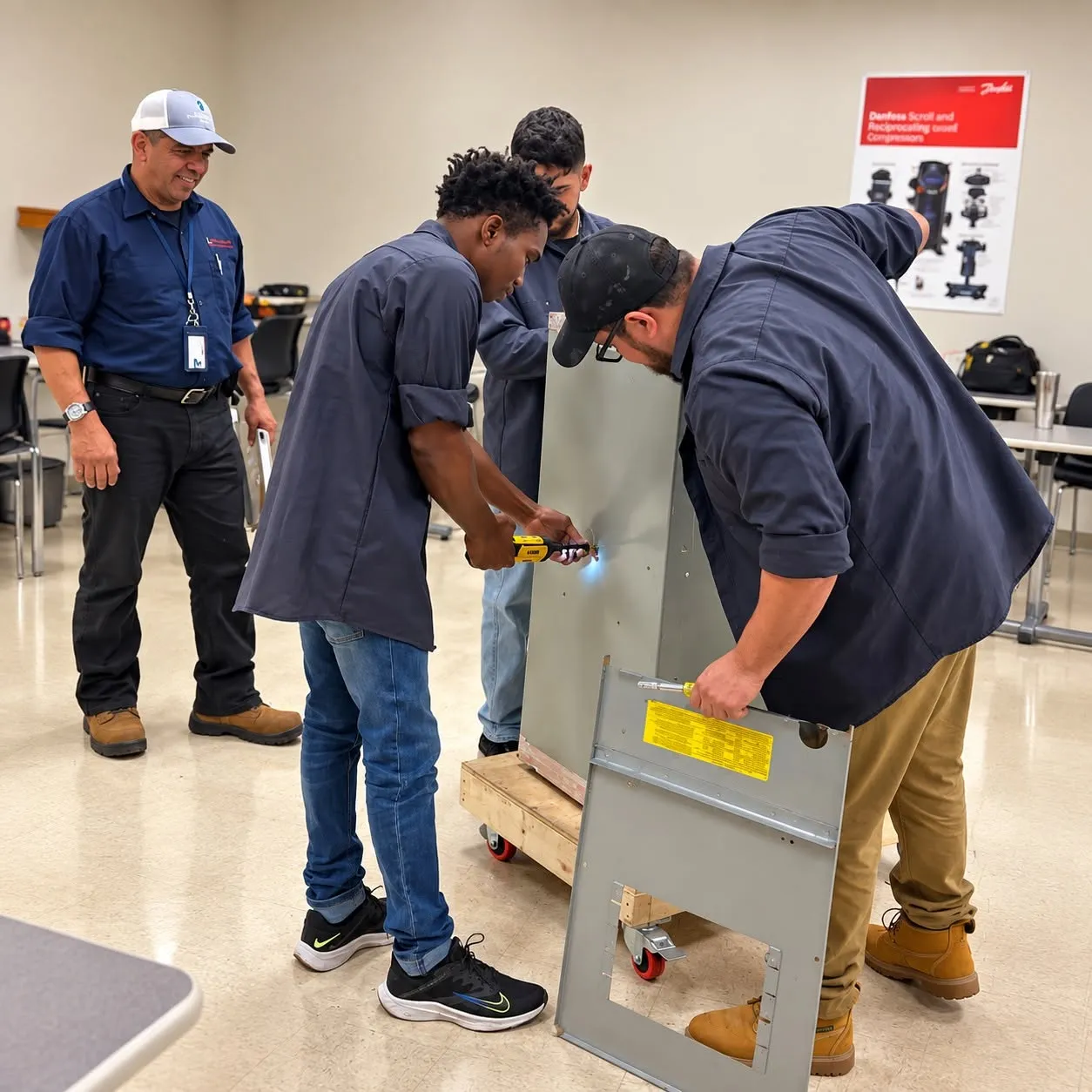 Lamson HVAC/R students working on a unit with their instructor